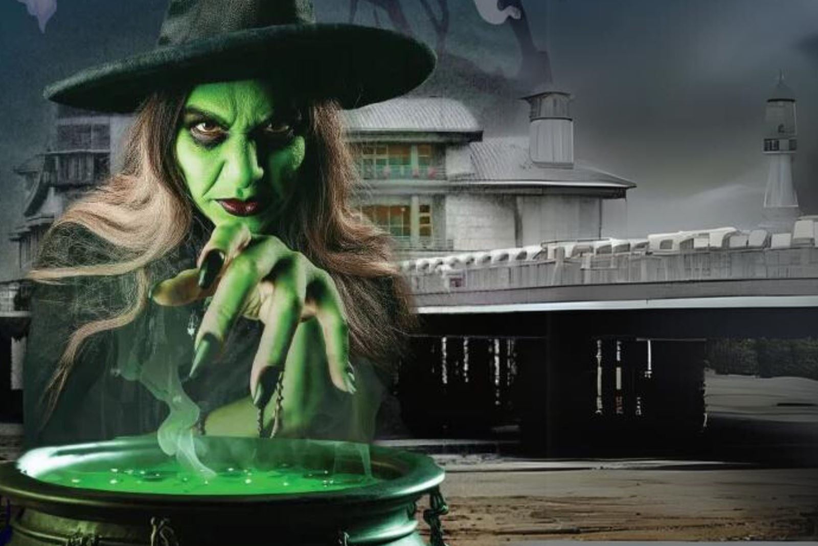 A witch with her cauldron outside Weston's Grand Pier 